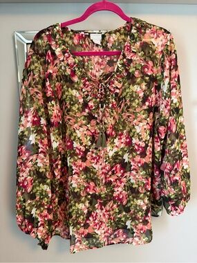 Chico's Floral Tie-Front Peasant Blouse in Pink & Olive
